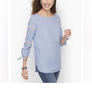 Talbots Plus Shirt Women’s 1X Poplin Tunic Striped Blouse 3/4 Sleeve Preppy Tie